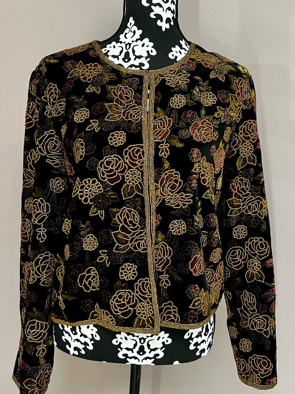 PAPELL BOUTIQUE Vintage Hand-Beaded Floral Rayon Velvet Bolero Evening Jacket